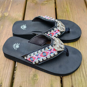 Isabella Black Foam Comfort Flip Flops Cross W/ Wings Embellished Bling Size M